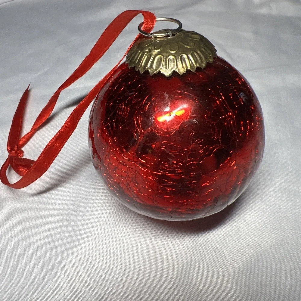 Red Mercury Crackled Glass Christmas Ornament Kugel Vintage Ball 3in